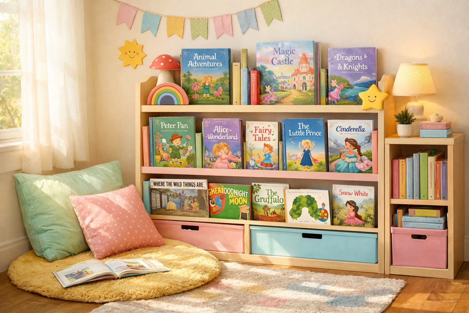 Renkli çocuk kitapları rafı